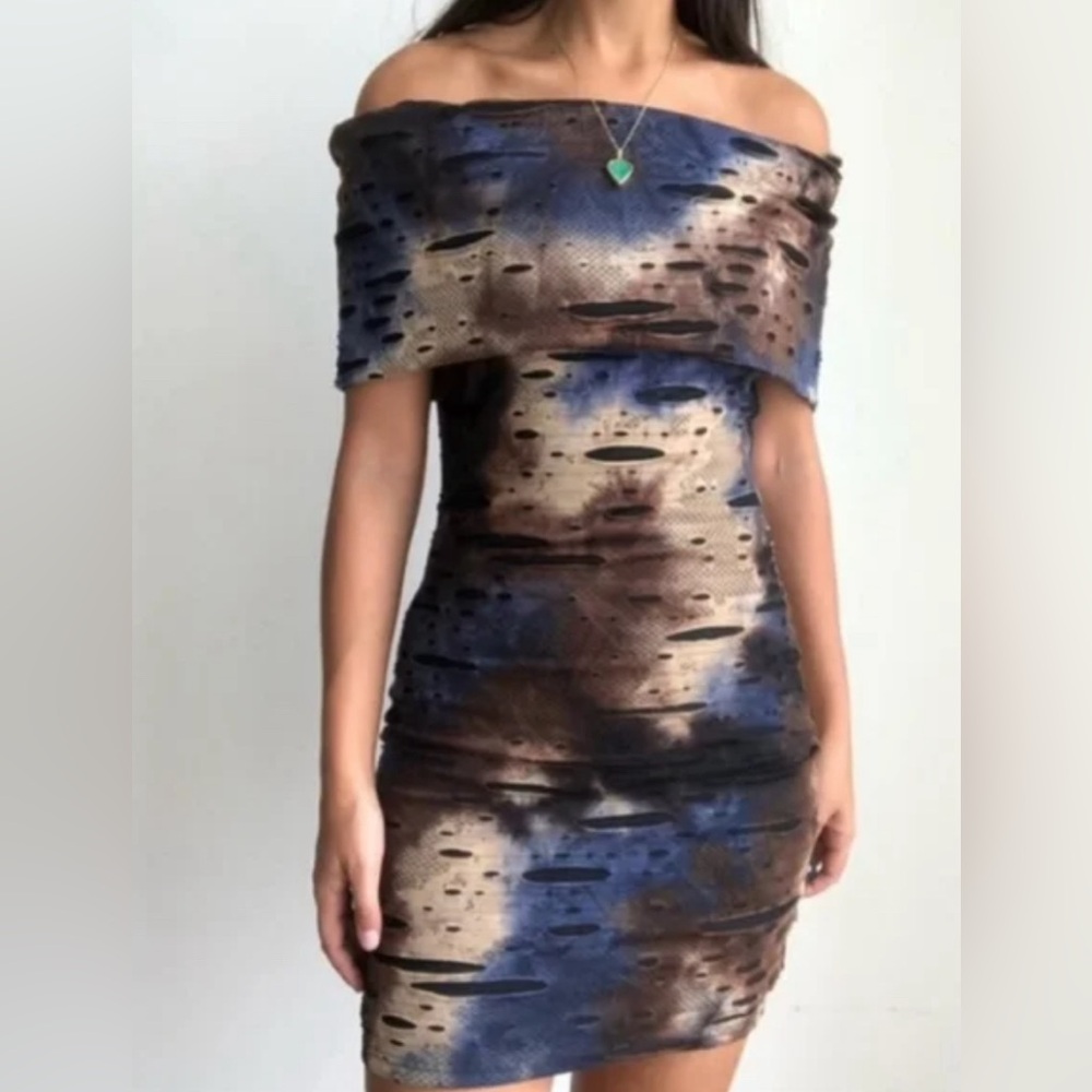 Samuel Dong Distressed Adjustable Bodycon Dress Size L Black,Brown, Blue & Tan